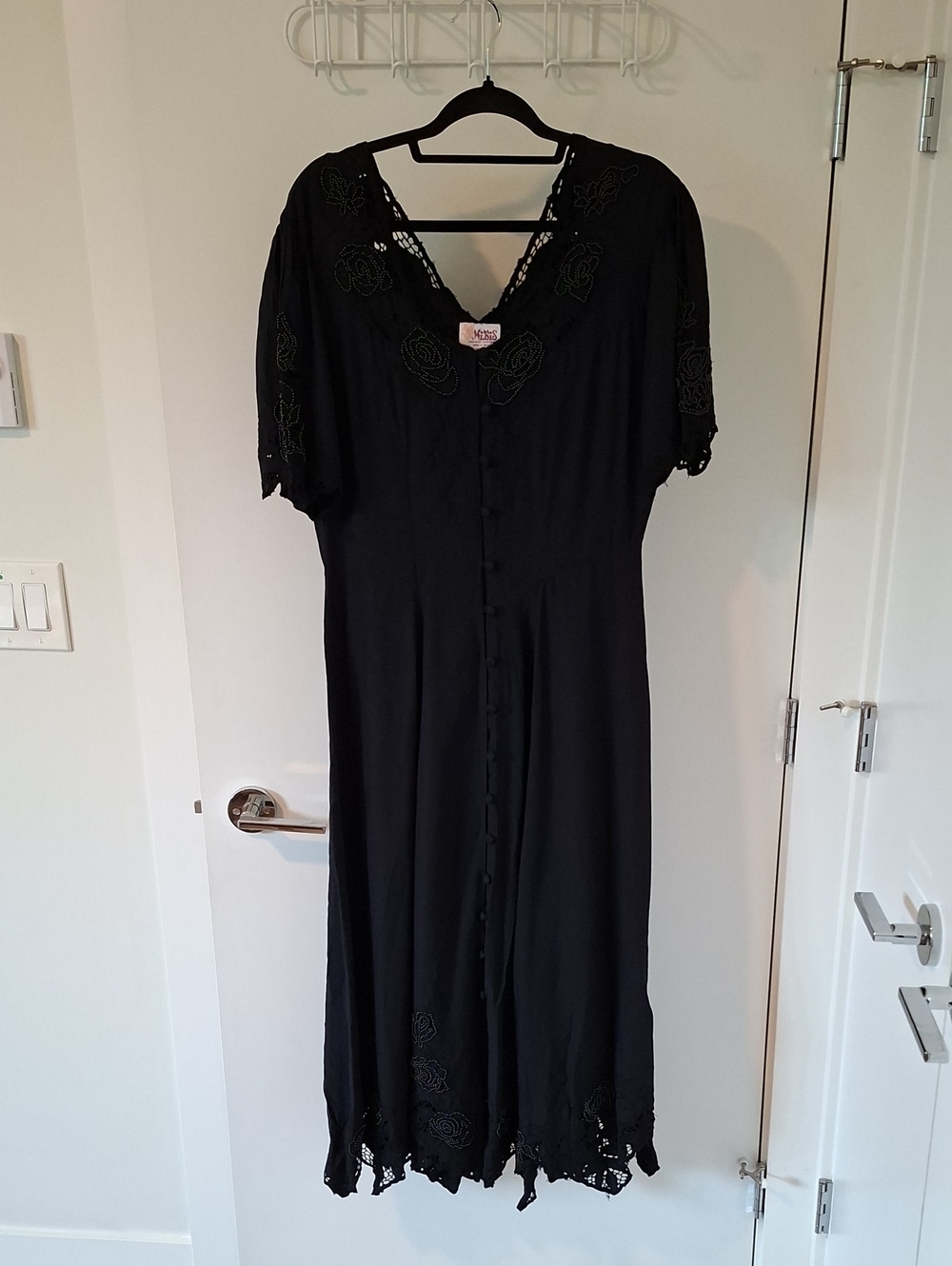 Vintage 90's Black Basque Waist Beaded Floral Button-up Maxi Dress (Size L) - Picture 2 of 10